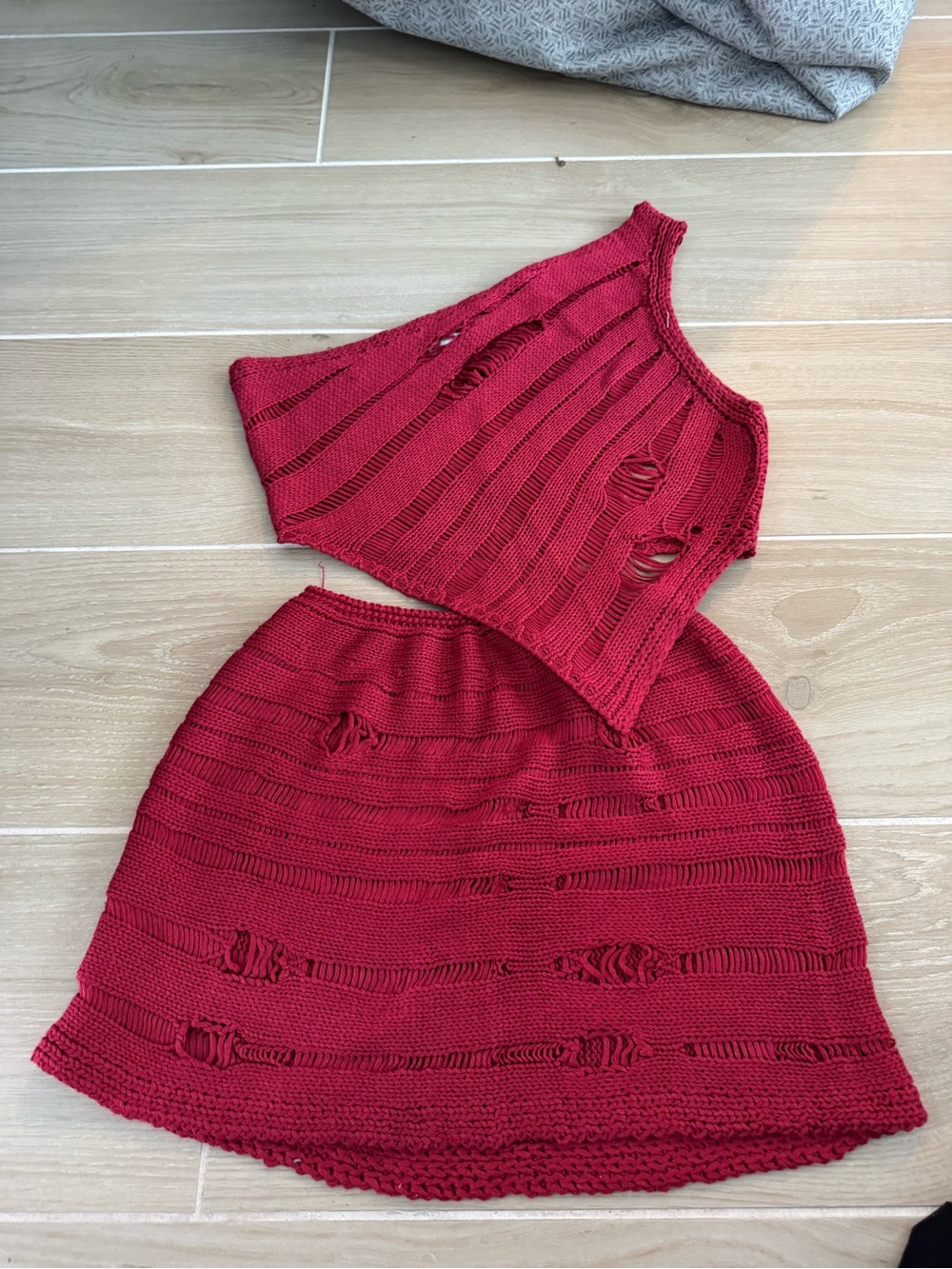 Red Knit Distressed Two-Piece Mini Set - Women